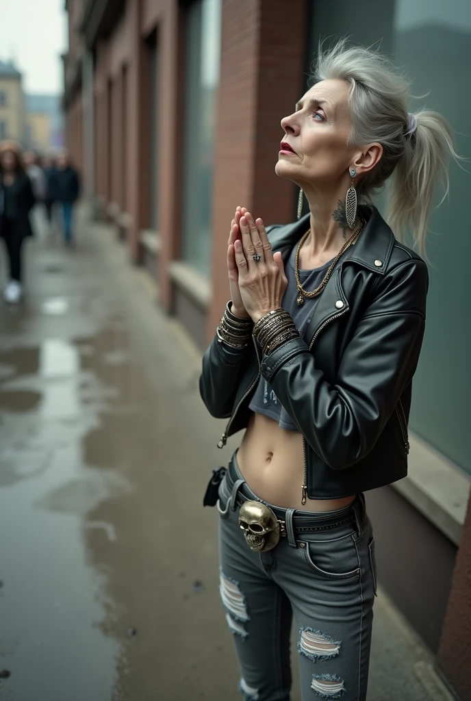 russian old milf woman, biker gang member, long grey hair (bump, quiff and ponytail) with very light blue eyes, extremely pale. Thin. Sad, humble face. Wearing cropped black moto jacket with side zippers, black cropped tank top with pentacle logo, skinny black jeans with holes and white tennis sneakers. Lots of metallic bracelets. Tacky wide belt with massive skull and bones buckle . Both hands in prayer. Demonic tattoos. Lots of rings. Long earrings. Looks up with amazement because she thinks God is talking to her, mouth and eyes open. Skinny legs, narrow hips. People around look at her