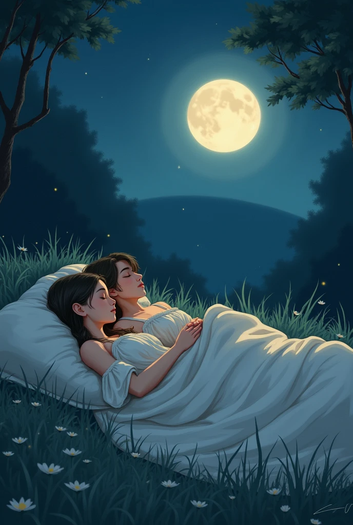 realistic illustration of a woman lying down sleeping and in the background a sky with the sun and moon together side by side in a balanced way, sky with stars and the sun next to the moon, there is a large cannabis leaf, 真实感, 4K