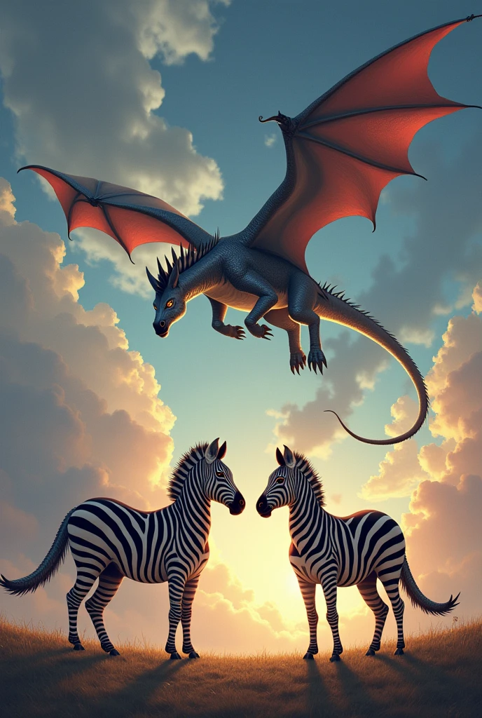 Dragon and zebra are standing in front of each other but Dragon is flying in a sky in front of zebra 