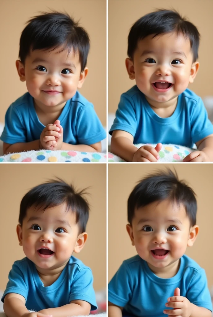 Create real pinoy baby boy age wearing blue t shirt with 4 image in the photo shoot scene collage
