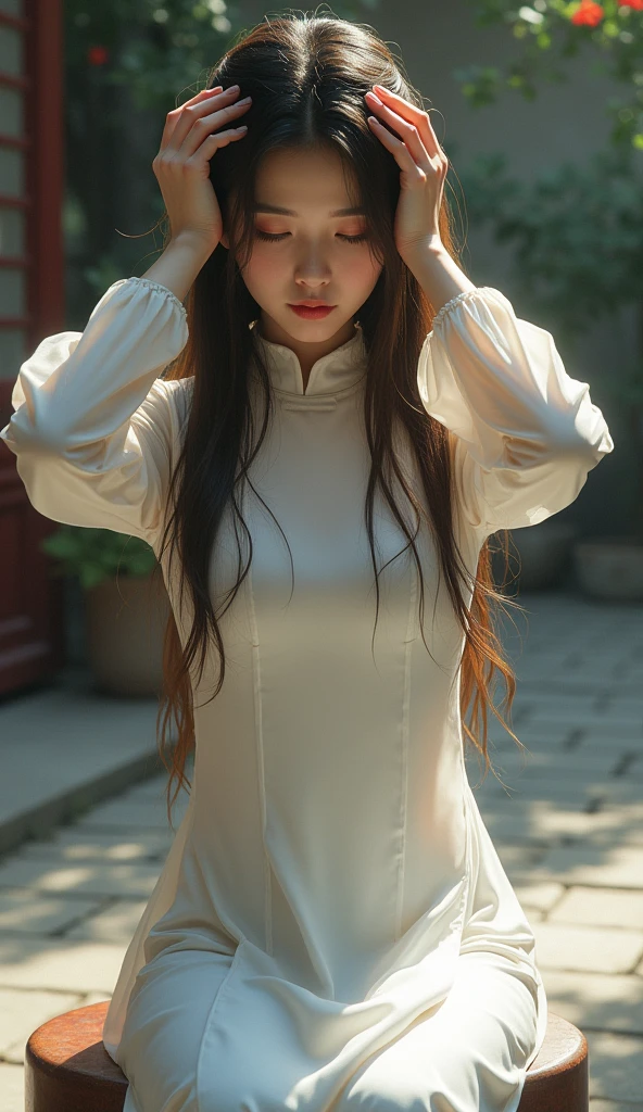 Create an Asian long-haired beauty,Beautiful big eyes,Regular facial features,Normal limbs,White traditional cheongsam,Sitting on a stool,Scratching the scalp with both hands,Scratching the scalp with both hands,A lot of dandruff on the top of the head,There is a lot of dandruff on the top of the head,Expression praise unhappy people,Sad tears,Pre-placement,Ancient courtyard background,9:16 frames,Ultra HD painting