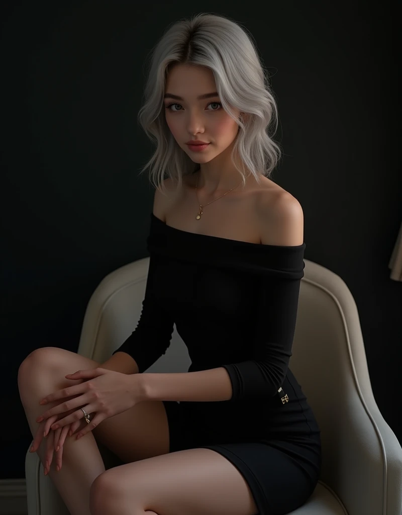 Girl sits elegantly on a modern soft chair, looks straight, Sits up straight, Against the background of a dark room, black off shoulder top, light gray hair, good lighting, realistically, photo