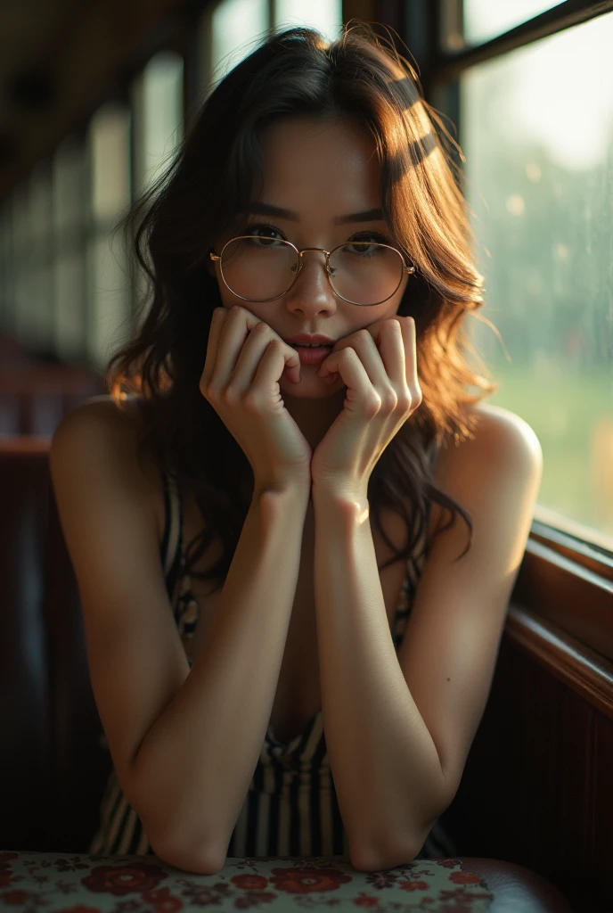 (Best quality, Ultra detailed, Golden ratio, Masterpiece:1.2), Theatrical lighting:0.7, Photo of a woman, dressed in a very elegant and pretty dress, Perfect rare face, (Highly detailed skin), randomly dyed hair, Hide your mouth with your hands、Ridicule, skin texture, Pale skin, shiny skin, (thin, large size:1.2), [:(Sharp focus on rare face, perfect eyes:1.2):0.2], photorealistic, film grain, Put one foot forward、from below looking up、look at camera、Emphasize the shoulders, Focus on face、Stockings、glasses、Smile with corners of mouth raised、disdainful expression, summer haze, muted colors, muted warm colors, Photo cinematic portrait of a woman dressed in a striped dress sitting by the window in the early morning, cinematic, (tilted:1.3) (on an old train) look cautious, standing under a spotlight, volumetric dust clouds, key light, backlight, soft natural lighting, photography Film grain ISO 400 30 mm lens RAW f1.8 aperture, highly detailed (analog photography:1), colors hdr