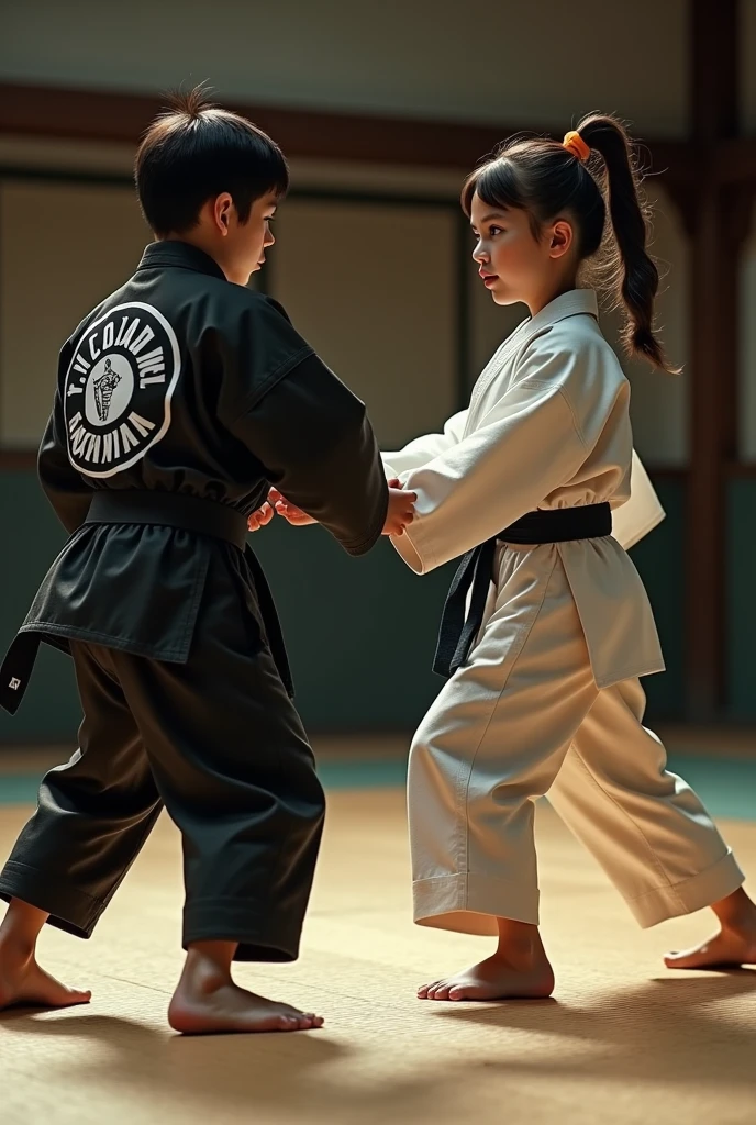 a boy and a girl, make them both in a judo arena, use the same boy and the same girl, I want the boy with the Cobra Kai kimono and the one with the white kimono, I want him with the kimono from the famous series :cobra kai does it like real life DO IT JUST IN PANTIES