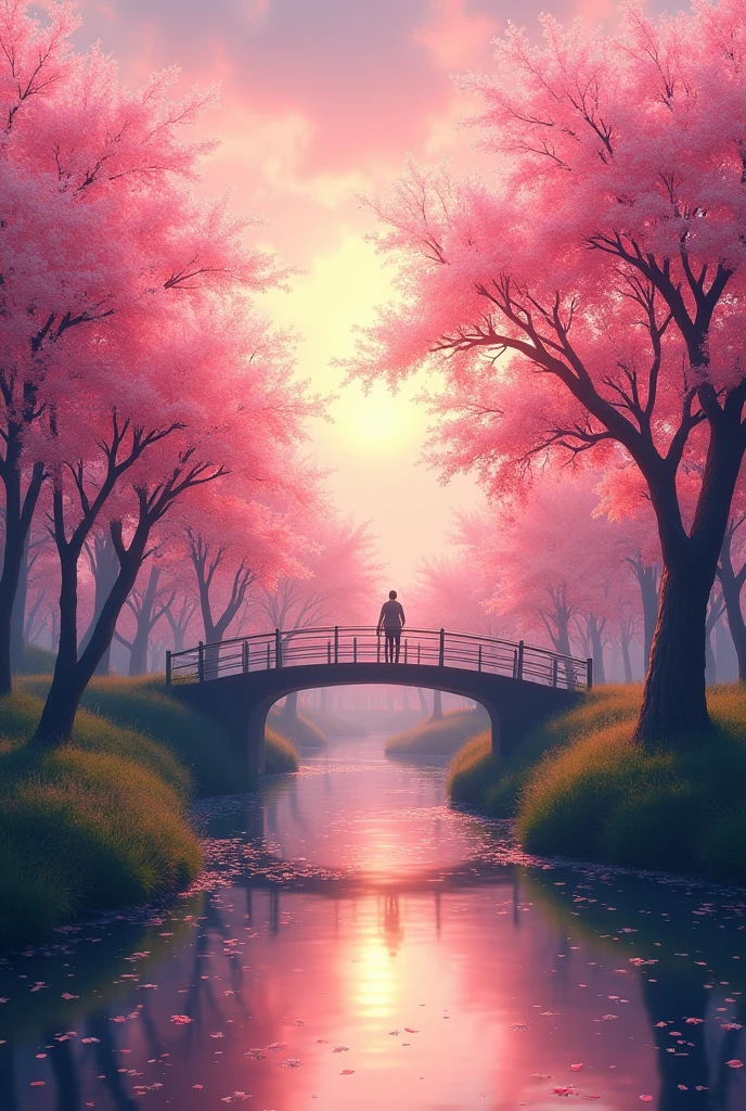 river maze, a vibrant cherry blossom grove at sunset. Soft pink petals drift through the air, while golden light filters through the trees, casting a warm glow over a peaceful river winding through the landscape. A solitary figure stands on a bridge, admiring the serene beauty of nature