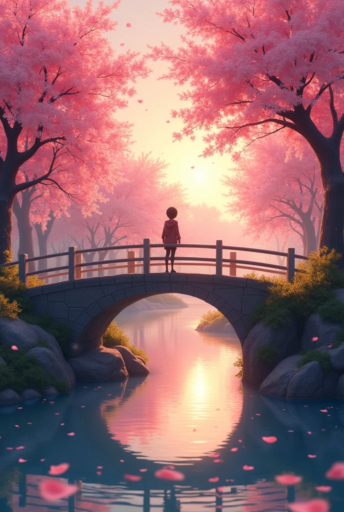 river maze, a vibrant cherry blossom grove at sunset. Soft pink petals drift through the air, while golden light filters through the trees, casting a warm glow over a peaceful river winding through the landscape. A solitary figure stands on a bridge, admiring the serene beauty of nature