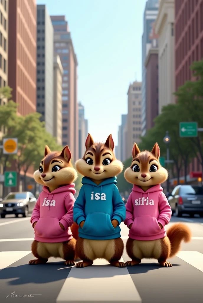 live-action with three anthropomorphic female squirrels, 'Alvin and the Chipmunks',' in the middle of a busy street in a big city. Lara has to be in the middle, and Isa and Sofia on the ends. The squirrels are wearing human clothes: Isa wears a pink sweatshirt with her name written on it, Lara wears a blue jacket with her name written on it and Sofia wears a pink sweatshirt with her name written on it.. Ao fundo, There are tall buildings, street signs and cars, capturing the vibrant atmosphere of a big city during the day