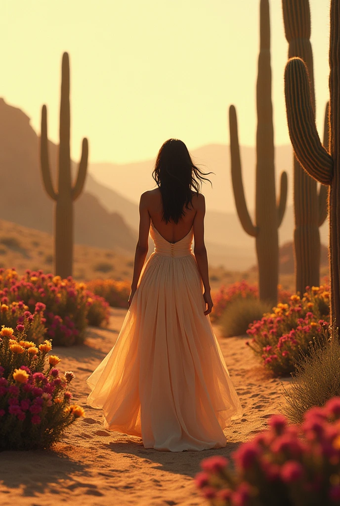 Woman from behind in the desert with captus with flowers and the lion of Judah