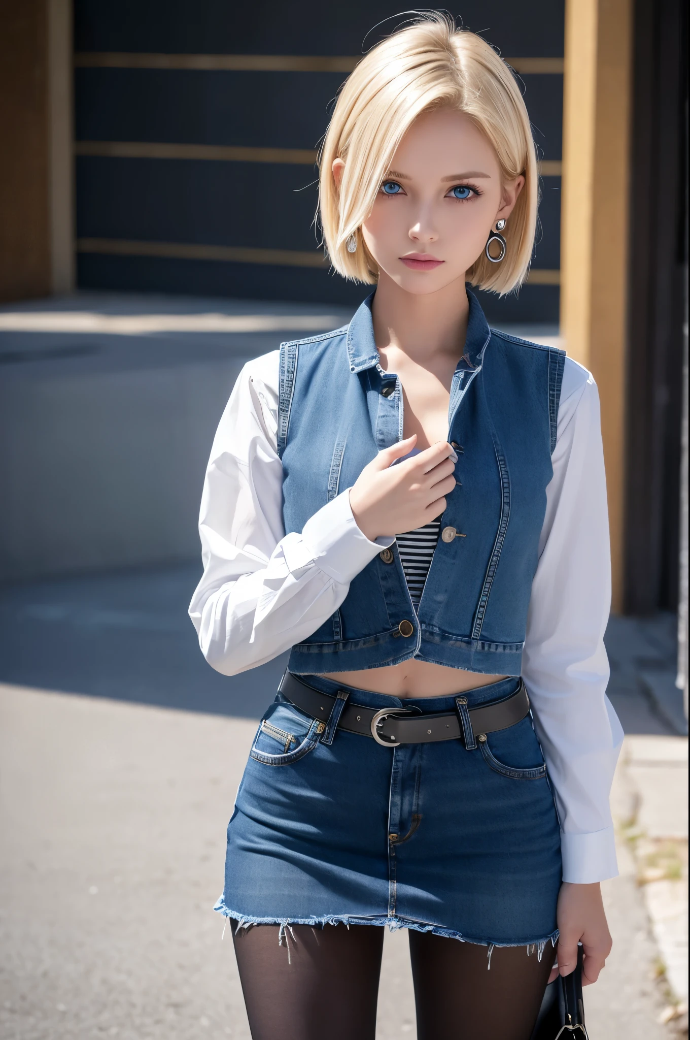 8k,Highest quality, High resolution, AND18, One Girl, Android 18, alone, Blonde, blue eyes, short hair, Earrings, jewelry, Denim dress, Open Vest, Black Pantyhose, Black Shirt, Jeans Skirt, long sleeves with stripes, Blue Skirt, Medium chest, Cowboy Shot, street, (External dilated chest: 1.2) The body's aura is released (Blue white light effect),Highest qualityのフォトリアリスティックRAW写真。Backlight、Cinema Lighting、Film Grain、50mm lens、Nikon D850、Realistic Skin、Fantasy art、Character Art、超High resolution、muscular and slim body、超Realistic Skin、Super Muscular Beauty,smile,Dynamic fighting pose,Clench your fist and get ready,