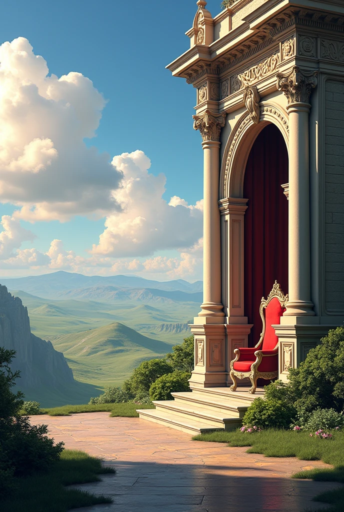 Landscape with an arch and with a throne under the arch. The arch and throne must be to the right of the composition. Change the layout to be landscape format