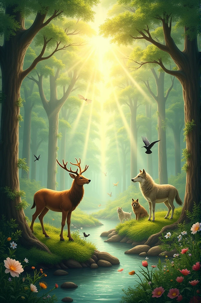 A heavenly scene of forest with harmony of animals and birds
