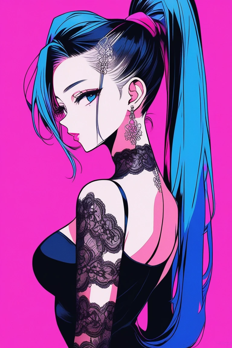 Illustrator, anime , Realistic ,sketch , 1 person, model, Age 25, lip, Sheer ho-black lingerie, Adorned with a rich lace., order, Blue and pink gradient background, Neon Ponytail Hair, Big Breasts, look back, Upper Body, Sexy look, Texture Trim, Russia, (masterpiece,Highest quality)