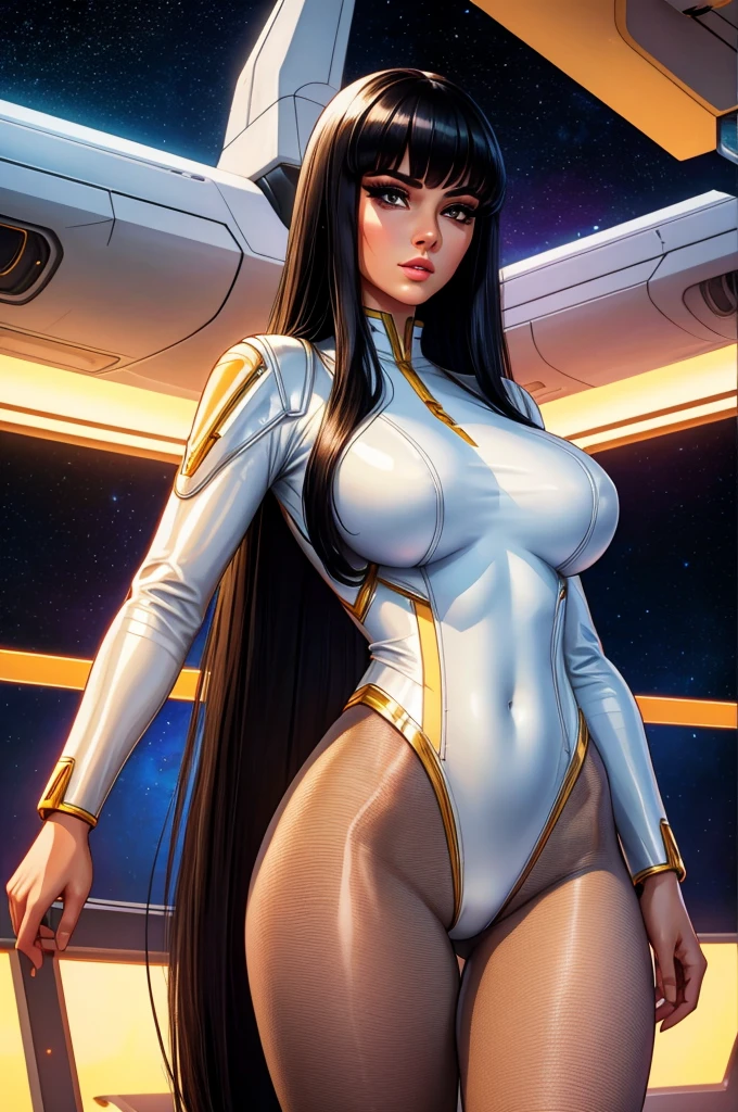 Best quality, 8K, woman space retro futurism, beautiful and detailed face, black straight long hair, bangs,big eyelashes,LOOKING TO observer,TRANSPARENT white leotard,LIGHT TAN pantyhose, sci-fi RETRO SPACESHIP scenario