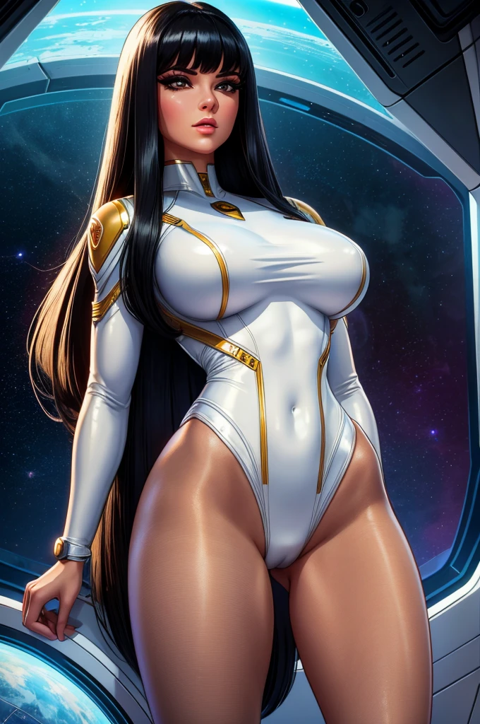 Best quality, 8K, woman space retro futurism, beautiful and detailed face, black straight long hair, bangs,big eyelashes,LOOKING TO observer,TRANSPARENT white leotard,LIGHT TAN pantyhose, sci-fi RETRO SPACESHIP scenario