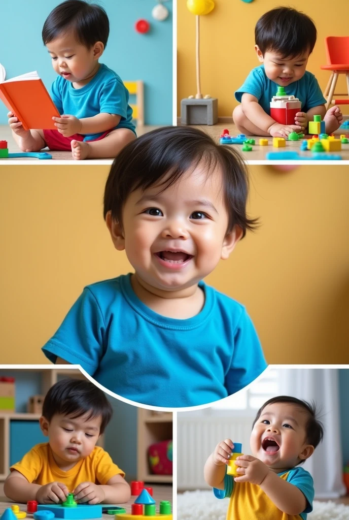 Create real pinoy boy age ears og blue t shirt with 4 play scene image in the photo shoot scene collage