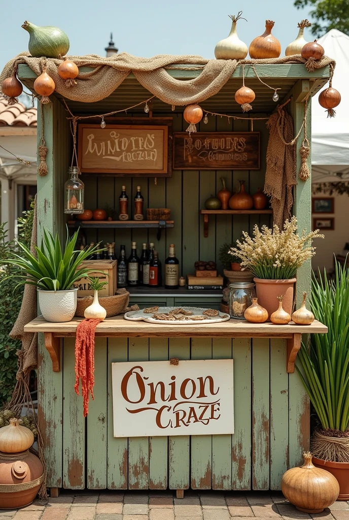 Generate an image of a decorated stand for an Expo selling an onion dip called onion craze that is somewhat rustic with green and white colors but that impresses with the small details that it will have but at the same time that it is not so professional that it only has one table and you have many things related to onions that does not have a roof or anything like that, something simpler