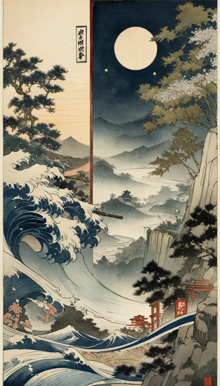 Ukiyo-e, Japanese painting, woodblock print, Watercolor, bamboo forest, A single bamboo stalk glowing golden, Huge full moon in the background, (Super detailed, The absolute solution, Highest quality:1.3), 2.5D, delicate and dynamic, artistic, Hyper, Graphics CG Digital Art