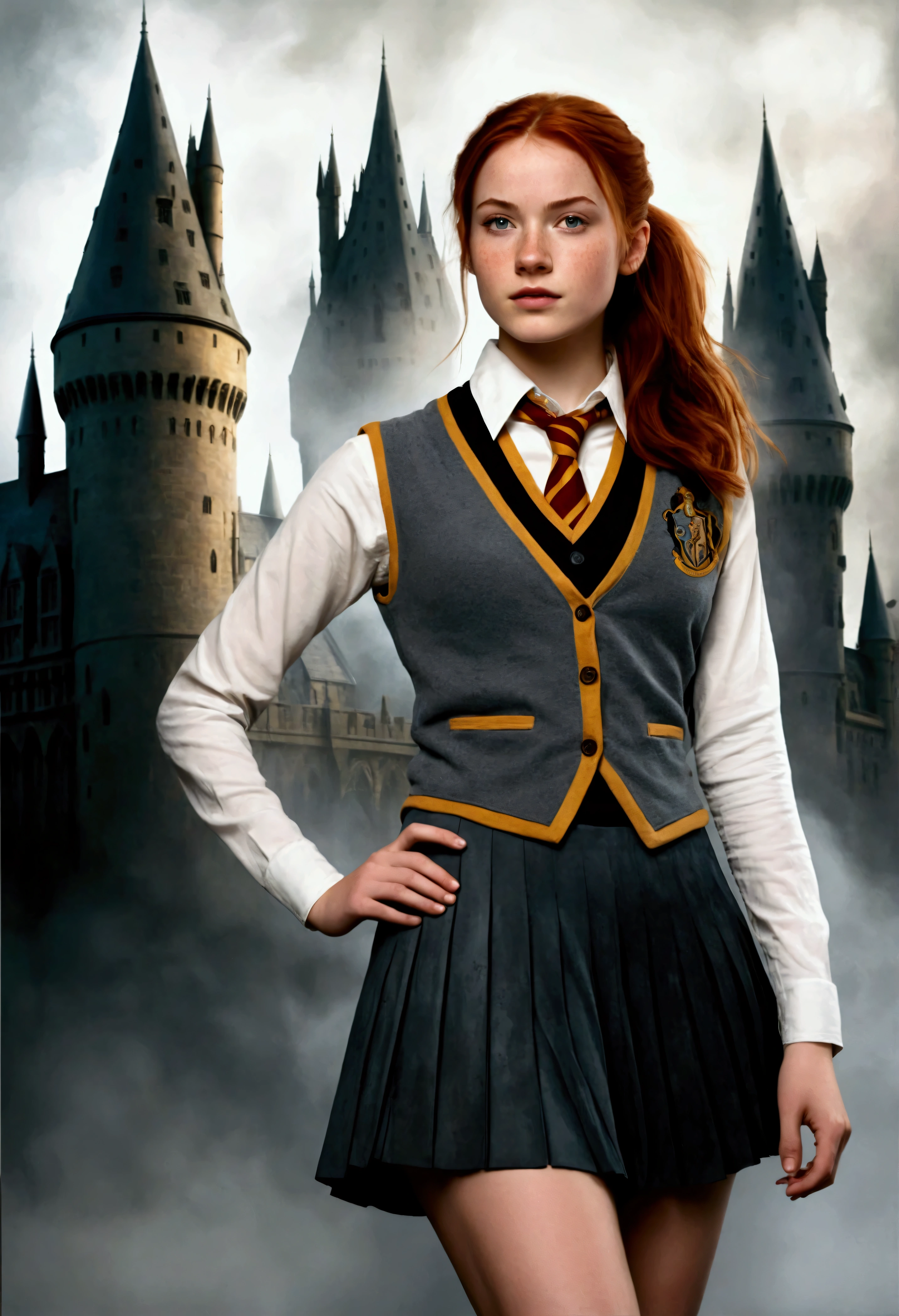 An illustrated movie poster, hand-drawn, full color, a female Hogwarts student, 18 years old, wearing a charcoal vest and a pleated skirt, tall, toned, amazonian stature, athletic hourglass figure, full wide hips, massive round butt, long shapely legs, ridiculously thick powerful thighs, deep dark auburn hair, messy ponytail, flushed sun-kissed complexion, freckles, resembles Deborah Ann Woll, standing in front of Hogwarts Castle, surrounded by mist, graphite shading, stencil marks, airbrushed acrylic paint, masterpiece, in the Deathly Hallows 