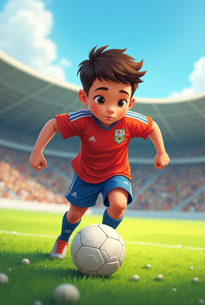 illustration, 8 boy playing soccer, from sportswear, makes dribbles
