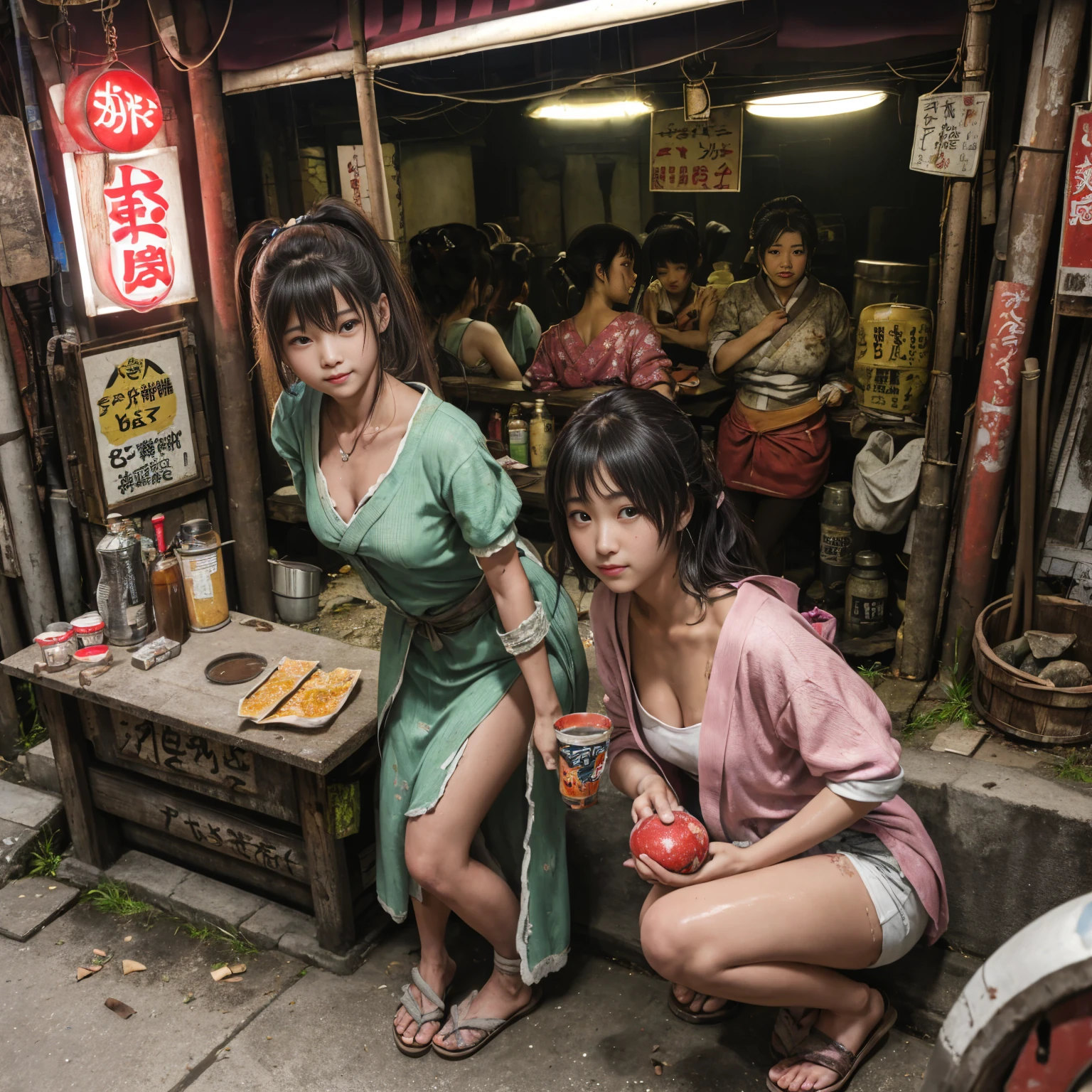 
((masterpiece、Highest quality))、Beautiful girls gather.、Three girls in summer clothes、(Showa Retro:1.2)、(Detailed and cute face:1.3)、(Poor conditions、Japan's poor neighborhoods、Dim and unsanitary、Standing Bar、みんなで楽しくdiet、Crumbling underground shopping mall)、屋台のdiet店、stage、sewage、Dirty shop、street vendors、Unsanitary and abandoned city、smile、diet、Poor person々