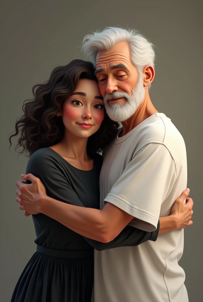 a 50-year-old woman who looks like a 45-year-old woman with curly hair and a long black dress up to her shoulders hugging her 85-year-old father with short white straight hair wearing a white t-shirt with slanted eyes and a 50-year-old with a round face without a beard just the two of them