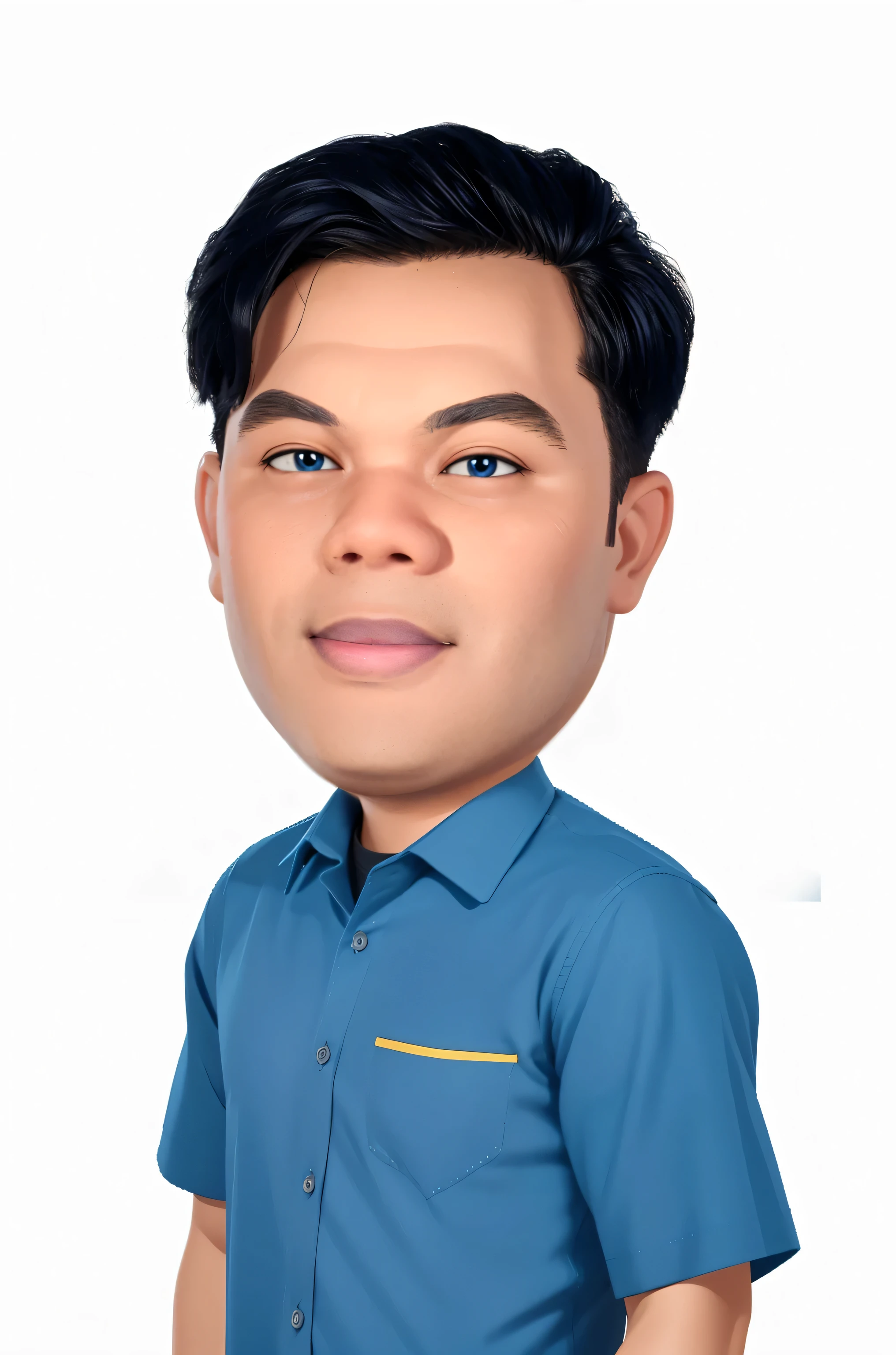 3d Cartoon caricature, a close up of a man in a blue shirt with a smile, by Abidin Dino, professional profile picture, potrait, 3D render, 3D Cartoon, big head, cartoonish look, high resolution, super detail, soft lighting