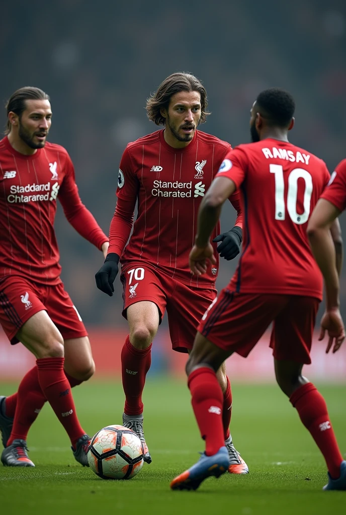 A Liverpool player called Ramsay who wears number 70 and also wears long sleeves and black gloves and slightly long hair being marked by 5 Milan defenders