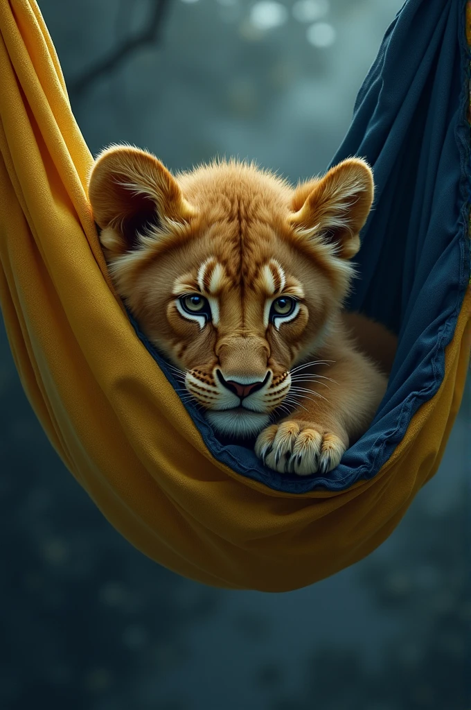 Draw a sad lion cub, swinging in a yellow-dark blue hammock.