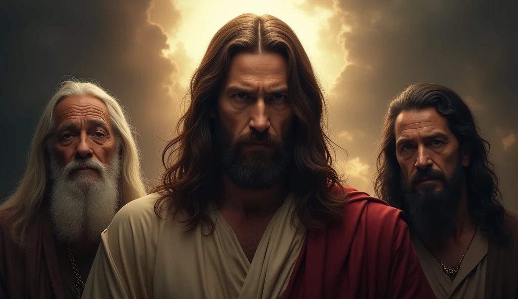 jesus is surrounded by a group of men in a dark room, by Adam Marczyński, jesus christ, 8 k movie still, he has eyes of fire, 4k post, fire behind him, 4 k post, jesus of nazareth, the lord and savior, biblical epic movie, jesus face, by Aleksander Kobzdej