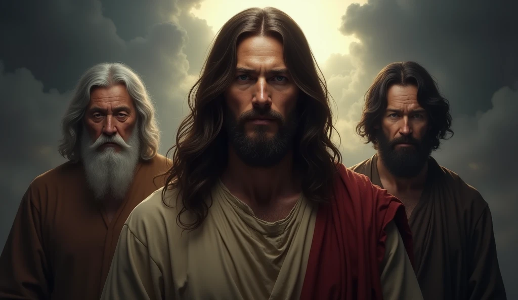 Create a realistic image that portrays Jesus at the center, with a serious and enigmatic expression. He must have long hair and a beard. To your left, put Enoch, An elderly man, with a serious expression. On the right, represent Elijah, middle-aged, with slightly shorter black hair, but equally serious. The background should be dramatic, with a dark sky opening up, illuminated by a ray that creates an atmosphere of suspense. The composition should focus only on the characters' busts, highlighting their expressions and the intensity of the moment. This image will be used as a thumbnail, then it must be impactful and captivating.