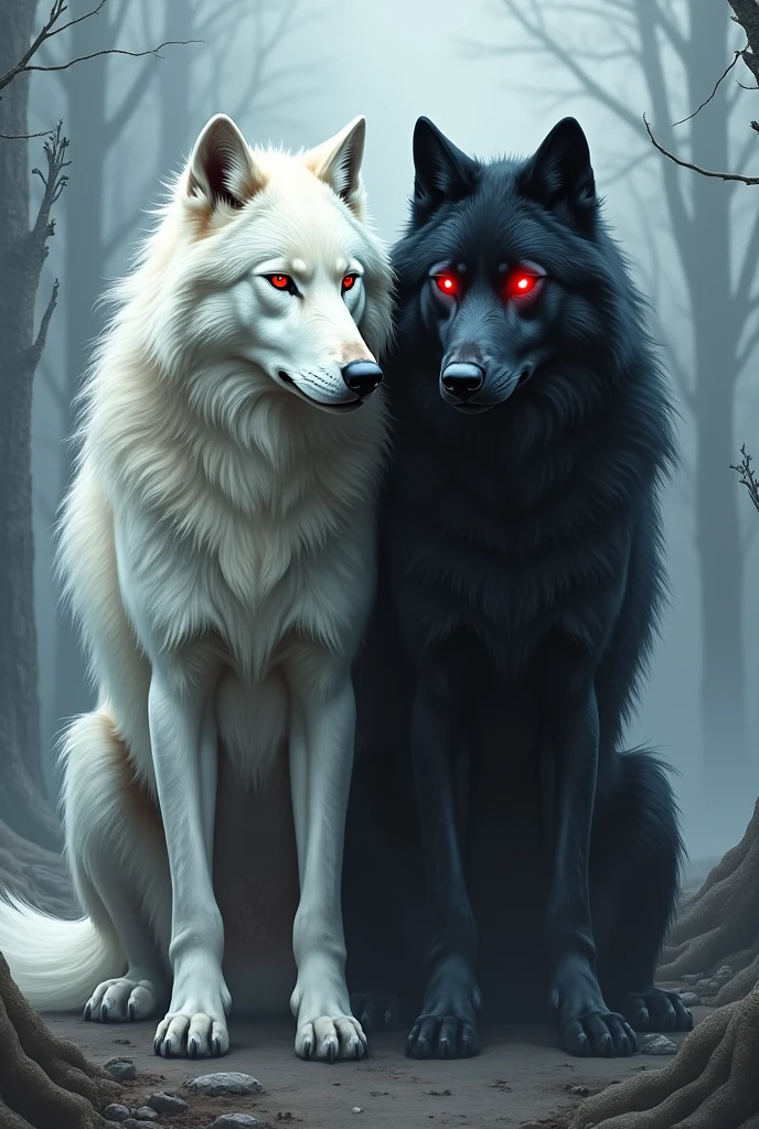 an image for a tattoo with a white wolf and a black wolf and both with red eyes 
