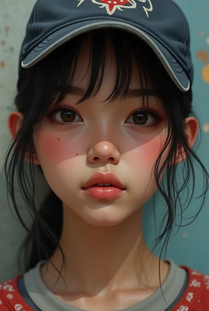 Generates an image of a 20-year-old woman,slim build, black hair in cap,Brown skin,almond eyes, splattered nose, thin lips, made up with blush, nude lip liner and lips