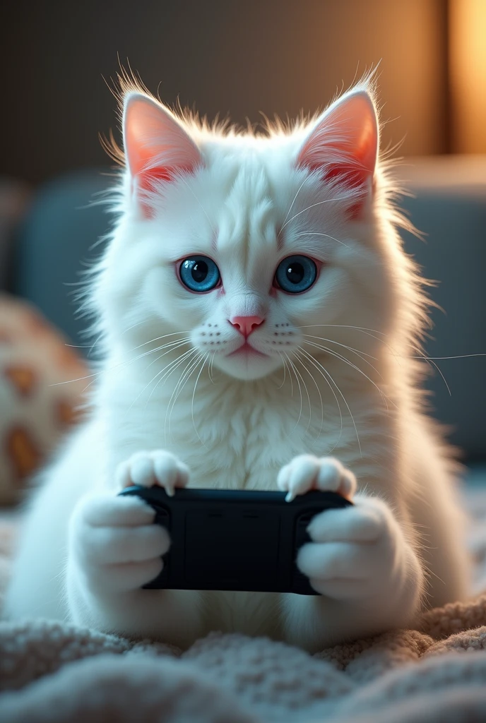 a white female cat playing video game, Realism, UHD
