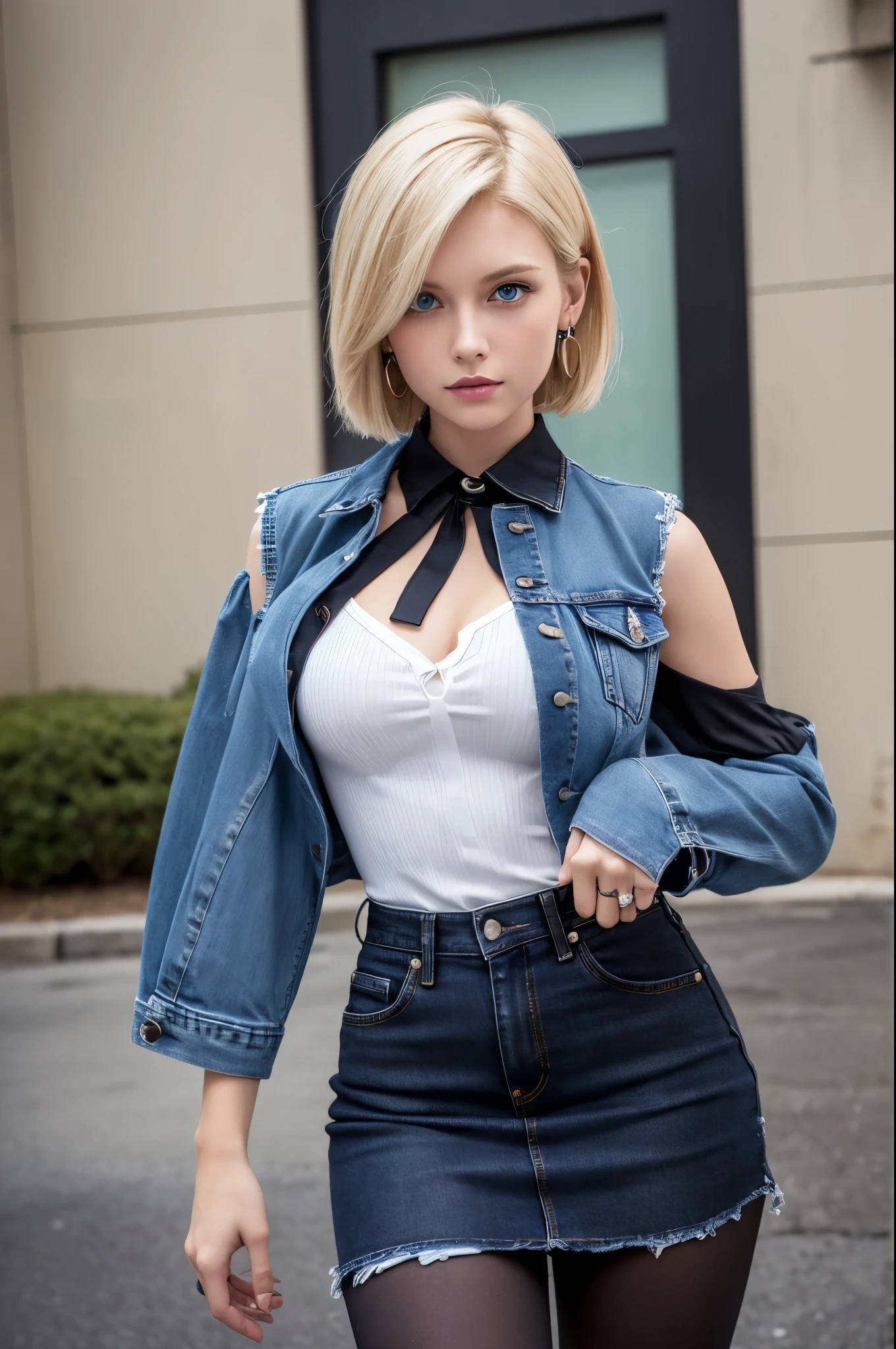 8k,Highest quality, High resolution, AND18, One Girl, Android 18, alone, Blonde, blue eyes, short hair, Earrings, jewelry, Denim dress, Open Vest, Black Pantyhose, Black Shirt, Jeans Skirt, long sleeves with stripes, Blue Skirt, Medium chest, Cowboy Shot, street, (External dilated chest: 1.2)　The body&#39;s aura is released　(Blue white light effect),Highest qualityのフォトリアリスティックRAW写真。Backlight、Cinema Lighting、Film Grain、50mm lens、Nikon D850、Realistic Skin、Fantasy art、Character Art、超High resolution、muscular and slim body、超Realistic Skin、Super Muscular Beauty,smile,Dynamic fighting pose,Clench your fist and get ready,