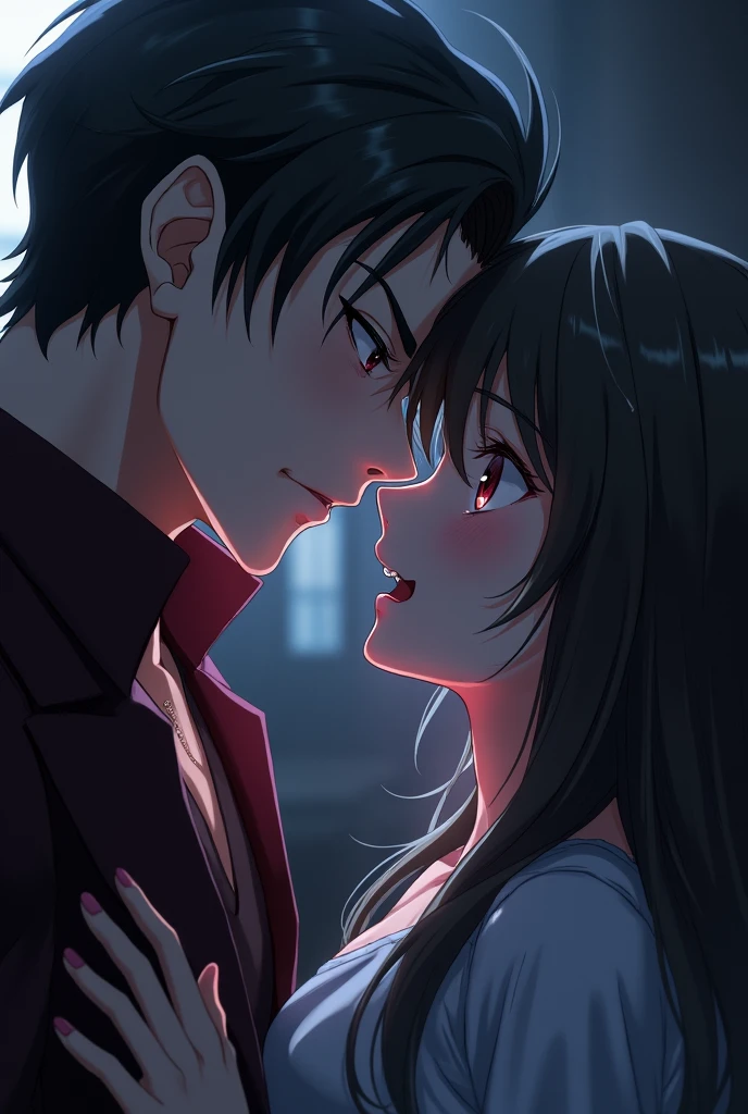 Handsome anime vampire boy is biting an anime girl&#39;s neck.