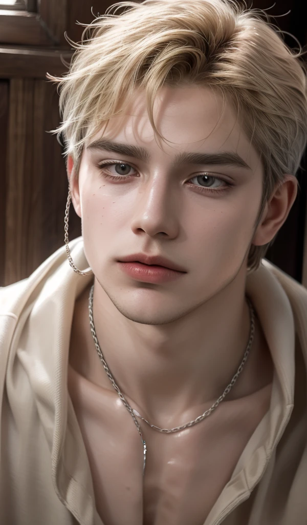A guy in a tank top, wearing a silver chain necklace, 20s years old, handsome, blond, American, defined features, waves in hair, brown eyes, natural light, He is looking to the side, natural pose, light skin, softness, realism