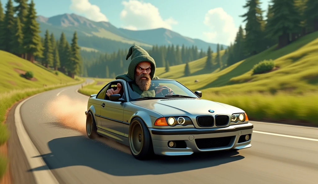 Im Stil von Pixar 3D-Animations-Filmen. A silver BMW E46 Compact races along a country road, spraying sparks behind it. He is driven by an aggressive skinny wizard.