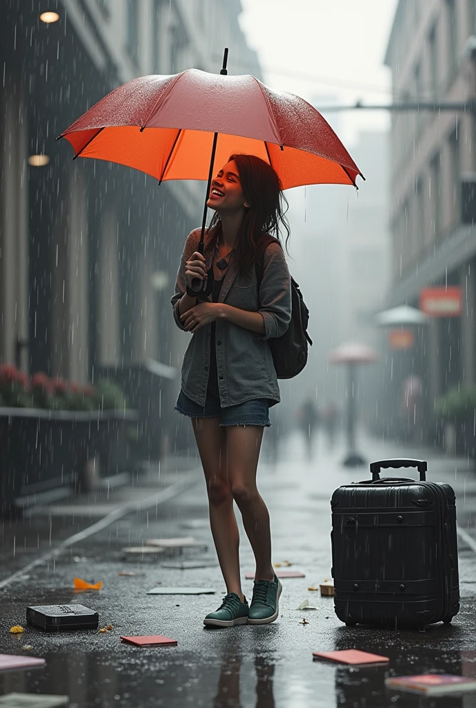 A young person, laughing in the rain without an umbrella, surrounded by a mobile phone, open suitcase, and notebook. The scene is in grayscale, but with vibrant color accents.