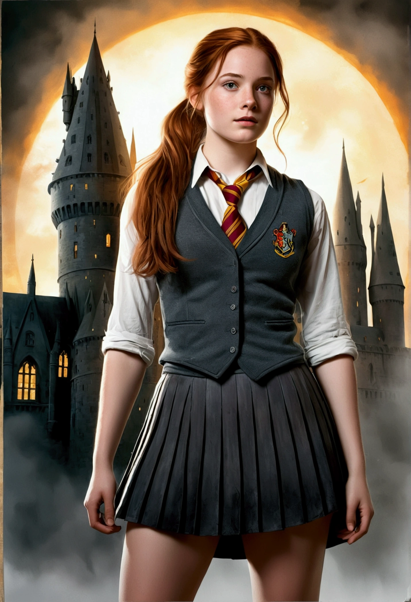 An illustrated movie poster, hand-drawn, full color, a female Hogwarts student, 18 years old, wearing a charcoal vest and a pleated skirt, tall, toned, amazonian stature, athletic hourglass figure, full wide hips, massive round butt, long shapely legs, ridiculously thick powerful thighs, deep dark auburn hair, messy ponytail, flushed sun-kissed complexion, freckles, resembles Deborah Ann Woll, standing in front of Hogwarts Castle, surrounded by mist, graphite shading, stencil marks, airbrushed acrylic paint, masterpiece, in the Deathly Hallows