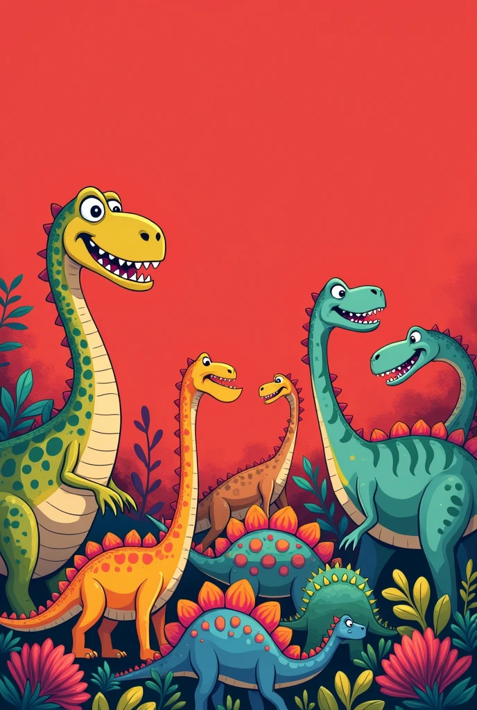 Cartoon dinosaurs of different species on red background