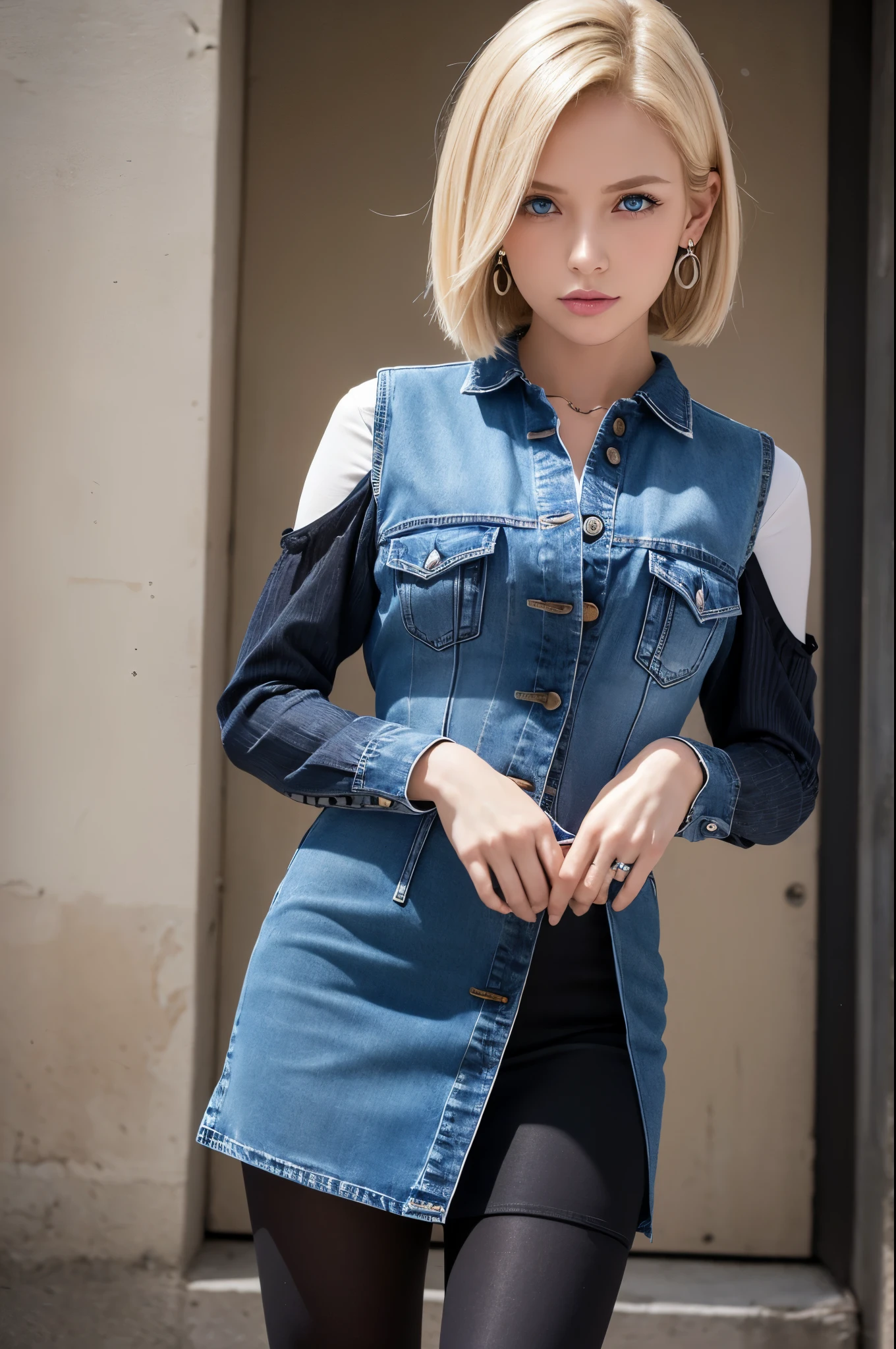 8k,Highest quality, High resolution, AND18, One Girl, Android 18, alone, Blonde, blue eyes, short hair, Earrings, jewelry, Denim dress, Open Vest, Black Pantyhose, Black Shirt, Jeans Skirt, long sleeves with stripes, Blue Skirt, Medium chest, Cowboy Shot, street, (External dilated chest: 1.2)　The body&#39;s aura is released　(Blue white light effect),Highest qualityのフォトリアリスティックRAW写真。Backlight、Cinema Lighting、Film Grain、50mm lens、Nikon D850、Realistic Skin、Fantasy art、Character Art、超High resolution、muscular and slim body、超Realistic Skin、Super Muscular Beauty,smile,Dynamic fighting pose,Clench your fist and get ready,