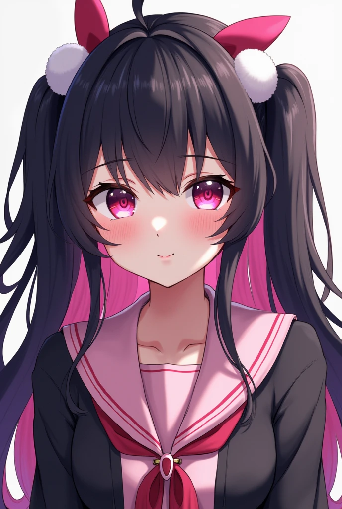 One person, Black Hair,Pink inner color,Long Hair, Gaze, Heavy bangs,Half pigtails Close your mouth, Pink eyes, Droopy eyes, Open your eyes, Take a closer look, Hearts in eyes, Simple Background, ribbon, Headband, White fluffy hair accessories, earphone, anime, anime風, skirt,Pale skin,黒色✨長袖,Frills,Mine system,smartphone,Looking down,No eyebrows,Red eyeshadow under the eyes,Pink Sailor Suit,Dark cardigan