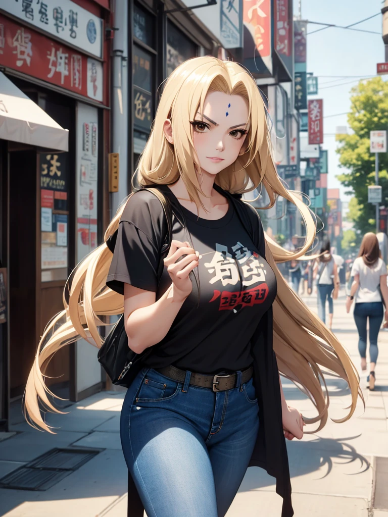 (Tsunade), 1woman, wearing a modern style t-shirt and jeans, walking at city street , blonde hair, 8k, high detailed, high quality