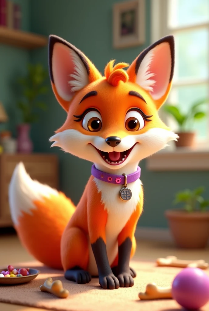 Create a 3D Disney Pixar style fox named Furry Friend Fox. She must exude a loving personality, playful and affectionate, perfect for a section dedicated to pets.
colors: Warm tones of orange and white, with green and blue accents for a cozy and fun touch.
Accessories: Purple collar with pink details, pet toys (like a ball or a bone), and maybe a little bow or bandana.
Expressions: Big smile and expressive eyes, transmitting joy and affection.
Activities and Poses:
Brincando com pet toys (like a ball or a bone).
Using pet accessories (like a purple collar with pink details or a comfy bed).
Giving tips on animal care (pointing to a board with tips or showing pet products).
Interactivity on the Website:
Hover animations (opening the ears, taking a little run, or playing with a toy).
Friendly messages with tips on pet care, recommended feeding and toy care.