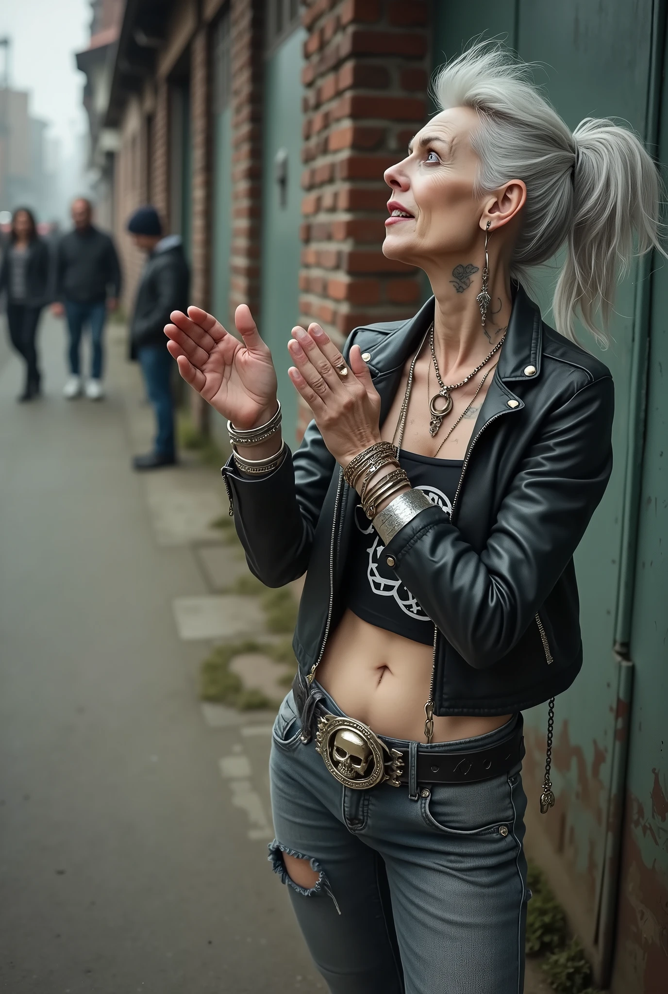 russian old milf woman, biker gang member, long grey hair (bump, quiff and ponytail) with very light blue eyes, extremely pale. Thin. Sad, humble face. Wearing cropped black moto jacket with side zippers, black cropped tank top with pentacle logo, skinny black jeans with holes and white tennis sneakers. Lots of metallic bracelets. Tacky wide belt with massive skull and bones buckle . Both hands in prayer. Demonic tattoos. Lots of rings. Long earrings. Looks up with amazement because she thinks God is talking to her, mouth and eyes open. Skinny legs, narrow hips. People around look at her