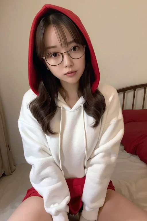 (Highest quality, High resolution, masterpiece :1.3), Beautiful adult woman, ((Bedroom Background)), (Wearing a big red hoodie,  Wear a miniskirt,   Round Glasses), (loose wavy bob hair), ((Accurately express the fine details of the face and skin texture)), Crouching pose, avert your eyes,White underwear