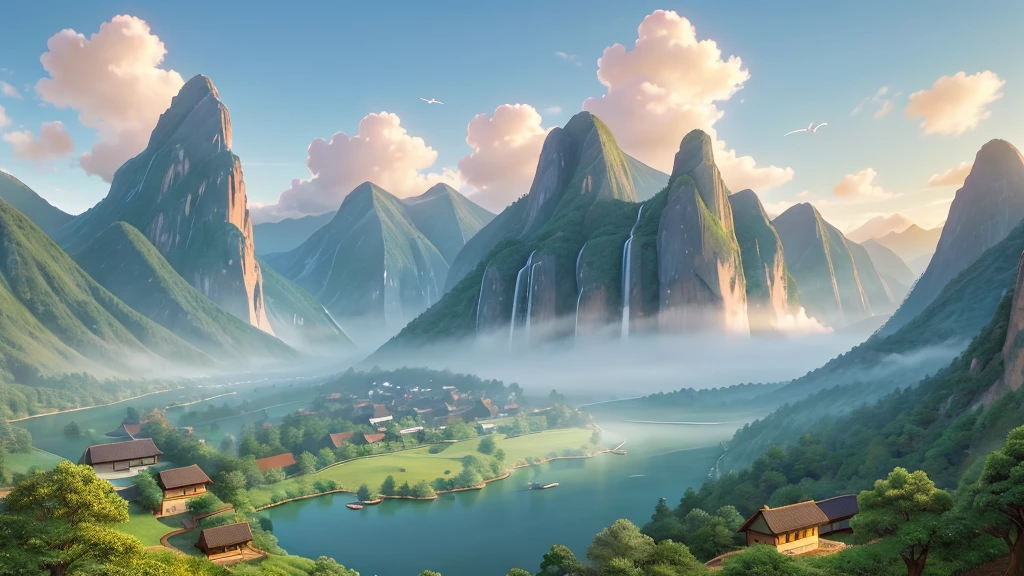 The image you just described is a traditional East Asian landscape painting.   It has misty mountains with sharp peaks, some partially obscured by clouds or fog.   A waterfall cascades down one of the mountains.   In the foreground, there are two small boats in what appears to be calm waters.   Birds are flying across the scene, suggesting dawn or dusk.   The painting's use of soft colors and blurred lines give it a feeling of tranquility and elegance.   Pretty
