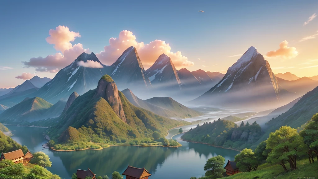 The image you just described is a traditional East Asian landscape painting.   It has misty mountains with sharp peaks, some partially obscured by clouds or fog.   A waterfall cascades down one of the mountains.   In the foreground, there are two small boats in what appears to be calm waters.   Birds are flying across the scene, suggesting dawn or dusk.   The painting's use of soft colors and blurred lines give it a feeling of tranquility and elegance.   Pretty
