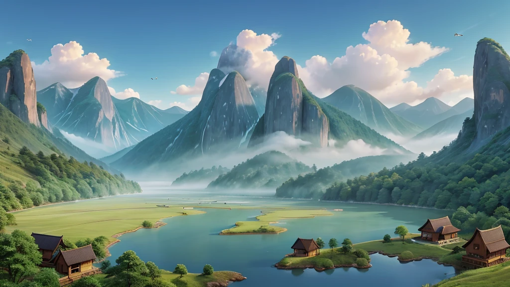 The image you just described is a traditional East Asian landscape painting.   It has misty mountains with sharp peaks, some partially obscured by clouds or fog.   A waterfall cascades down one of the mountains.   In the foreground, there are two small boats in what appears to be calm waters.   Birds are flying across the scene, suggesting dawn or dusk.   The painting's use of soft colors and blurred lines give it a feeling of tranquility and elegance.   Pretty