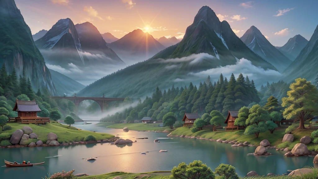 The image you just described is a traditional East Asian landscape painting. It has misty mountains with sharp peaks, some partially obscured by clouds or fog. A waterfall cascades down one of the mountains. In the foreground, there are two small boats in what appears to be calm waters. Birds are flying across the scene, suggesting dawn or dusk. The painting's use of soft colors and blurred lines give it a feeling of tranquility and elegance. Pretty